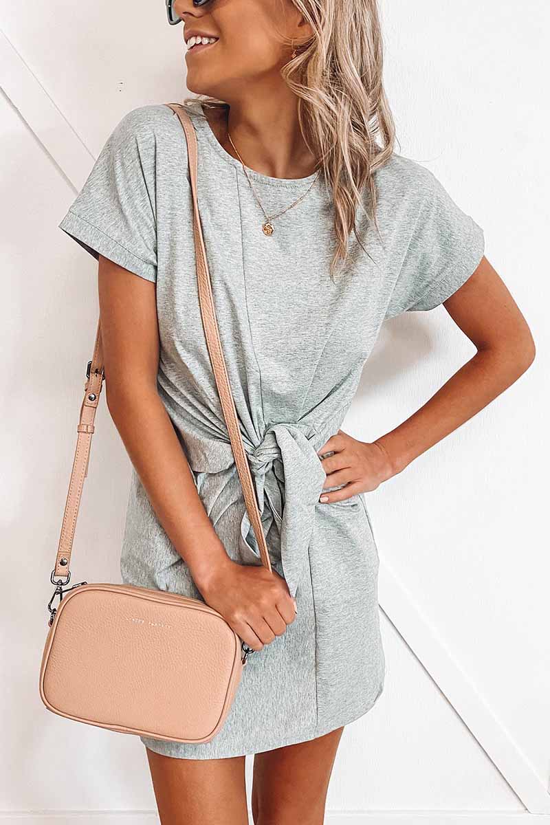 Tie Front Knotted Waist Crew Neck Cuffed Sleeve Jersey Mini Dress