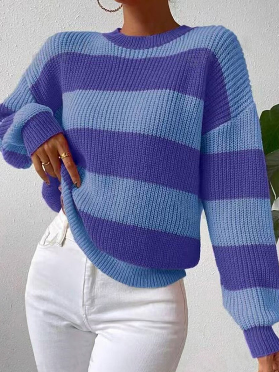 Stripes Contrasting Colors Dropped Shoulder Sleeves Loose Sweaters