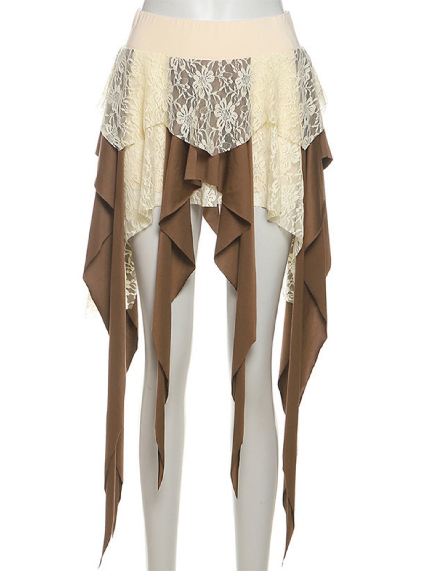 Lace Patchwork Irregular Tassels Color-blocked Short Skirt