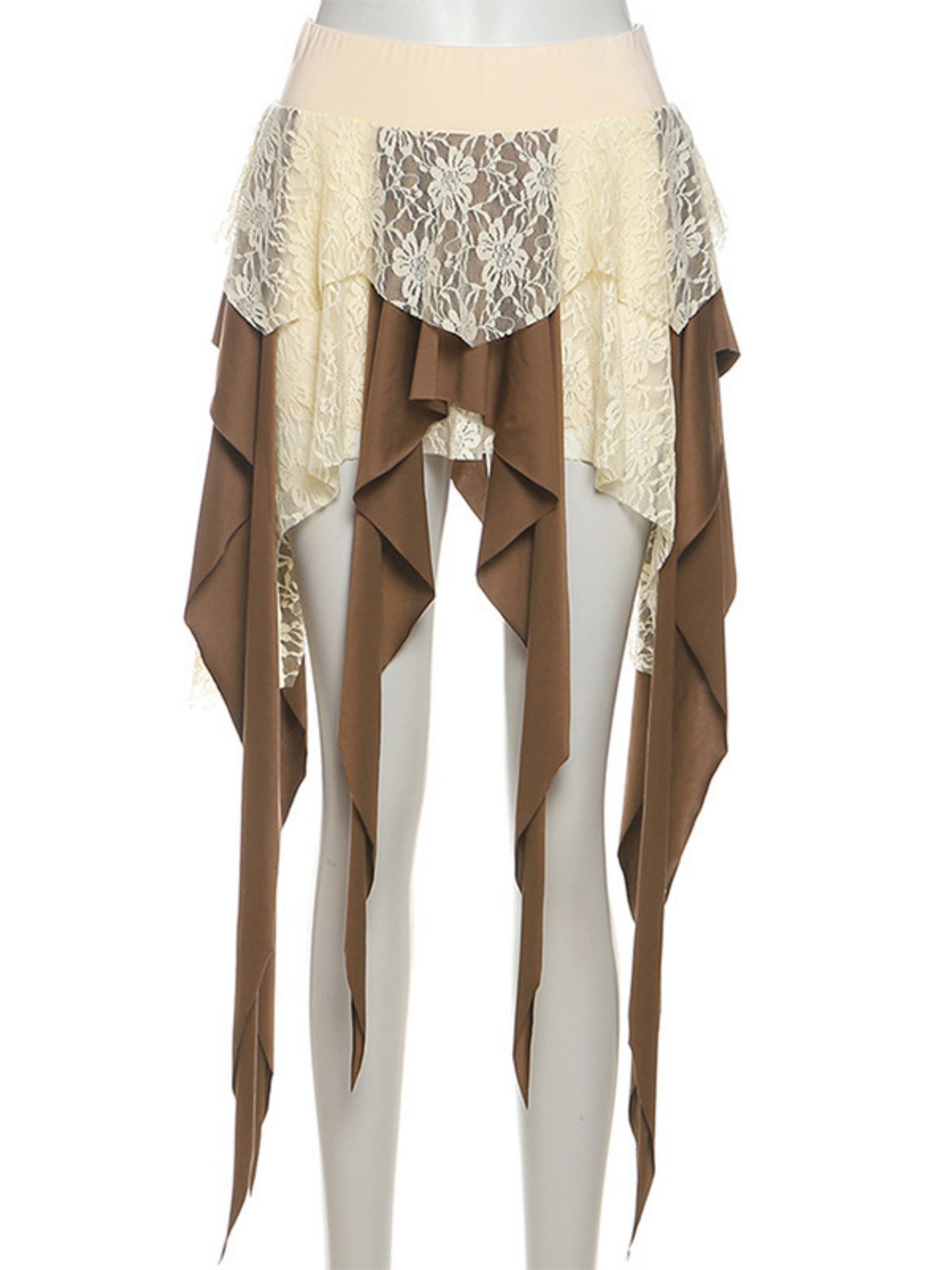 Lace Patchwork Irregular Tassels Color-blocked Short Skirt