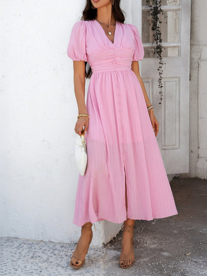 Slit Short Sleeve V-neck Vacation And Leisure Maxi Dresses