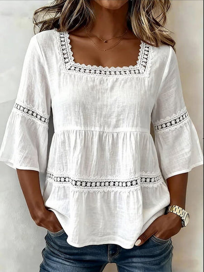 Lace Patchwork Cotton And Linen Square Neckline And Three-quarter Sleeves T-shirts