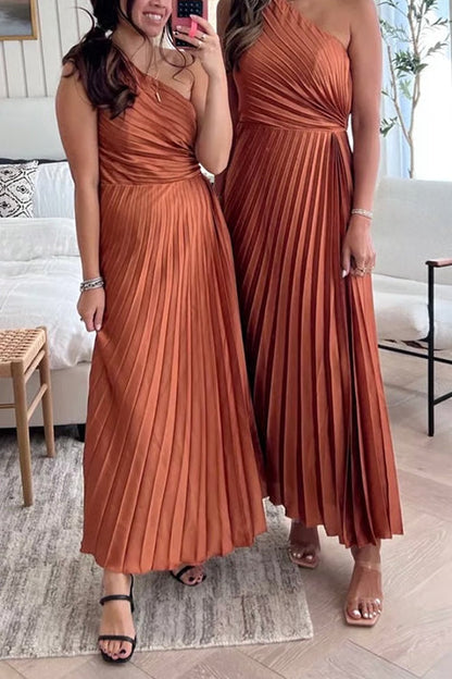 One Shoulder Sleeveless Pleated Satin Maxi Dress