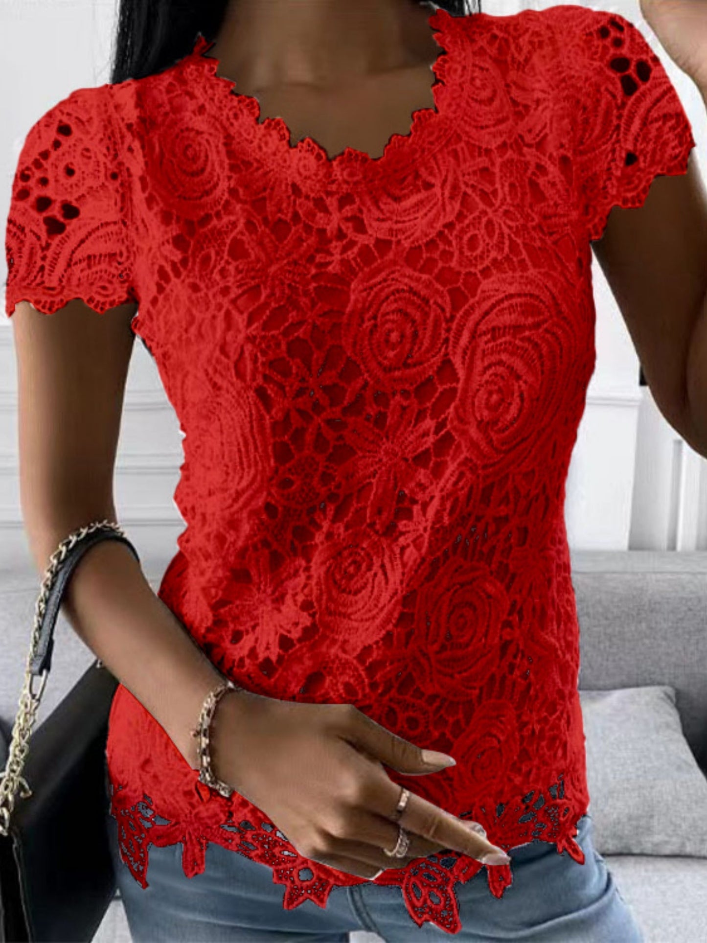 Lace Trim Crew Neck Short-sleeved T-shirt