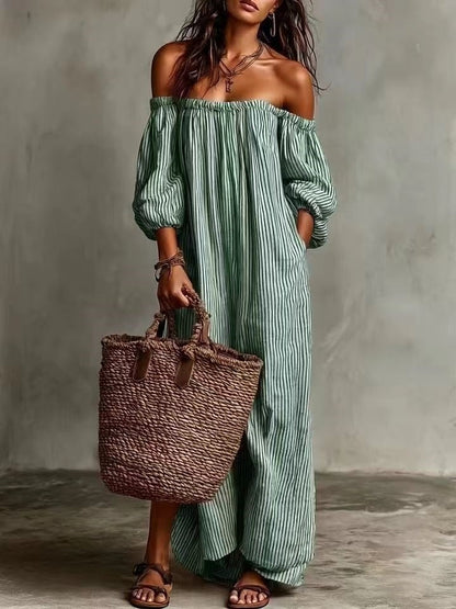 Striped Off-the-shoulder Long Dress