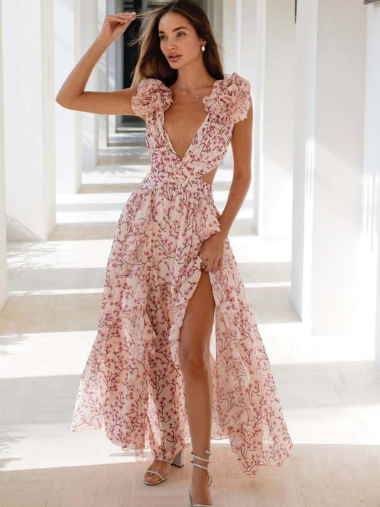 Floral Deep-V Maxi Dress – Shoulder Flower Accent