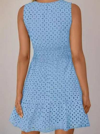 Hollow Holes V-neck Sleeveless A-line Skirt Mini&Short Dresses