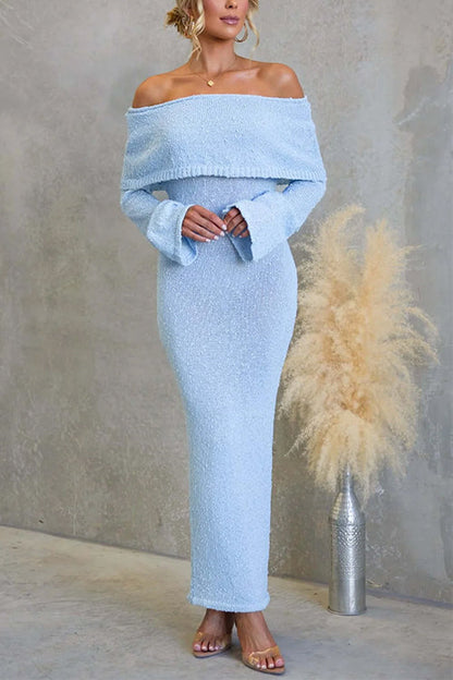 Margovil Off Shoulder Long Sleeves Bodycon Stretchy Maxi Dress