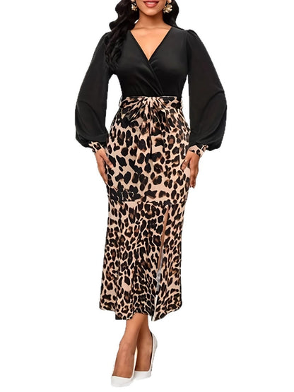 Leopard Print High Slit Fishtail Commuting Midi Dresses