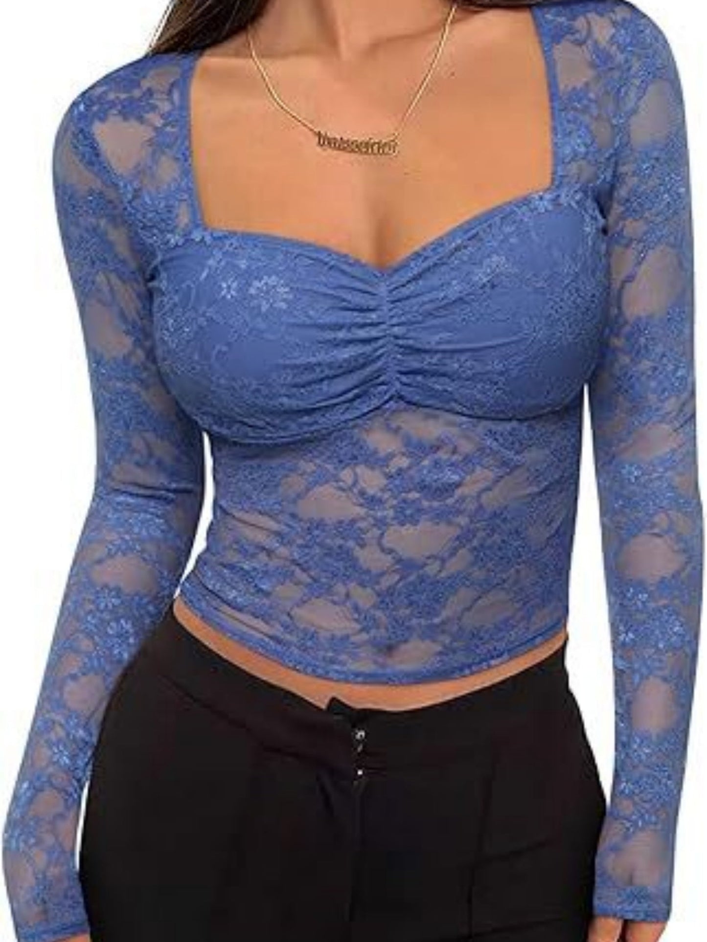 Lace See-through Square Neckline And Fitted Waist Long-sleeved T-shirt