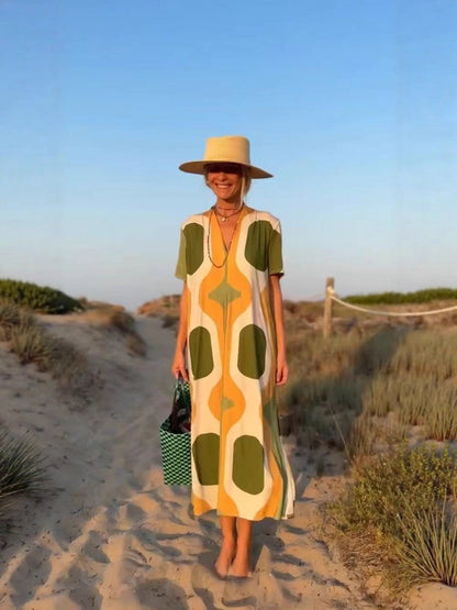 V-neck Resort Style Print Maxi Dresses