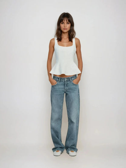 Slim-fit Square Collar Sleeveless Peplum Top