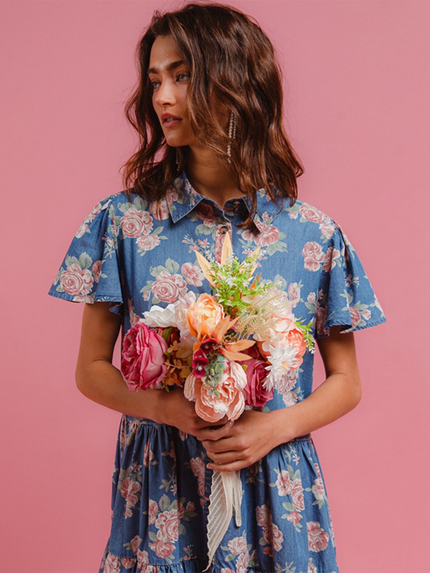 Denim Floral Print Collared Short-sleeved Shirt Buttons Shirt Dress