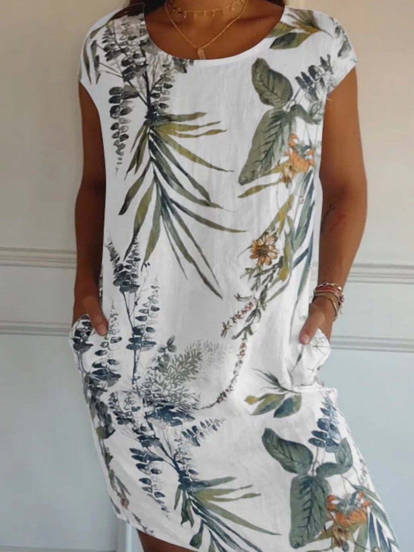 Printed Cotton And Linen Pocket Crew Neck Short Sleeve Mini&Short Dresses