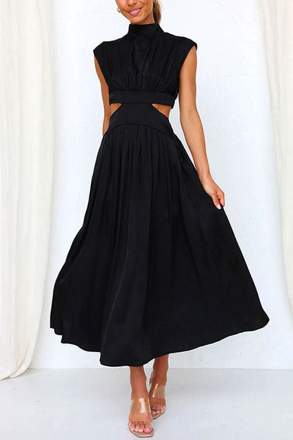 Margovil Mockneck Cut Out Waist Pockets Swing Dress