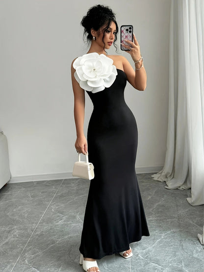 Flowers Color-blocked Waist-cinching And Hip-hugging Maxi Dresses