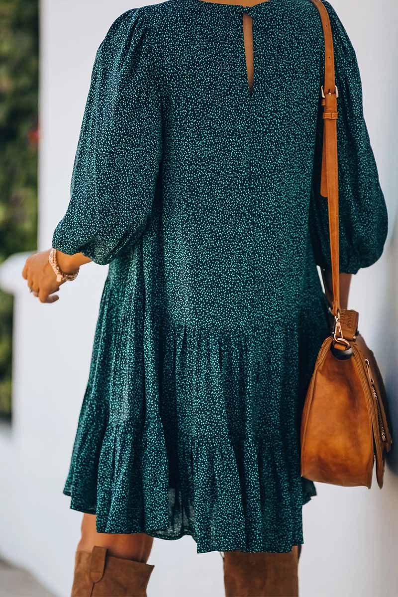 Ditsy Print Crew Neck Balloon Sleeve Tiered Babydoll Mini Dress