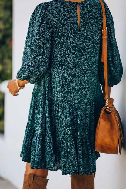 Ditsy Print Crew Neck Balloon Sleeve Tiered Babydoll Mini Dress