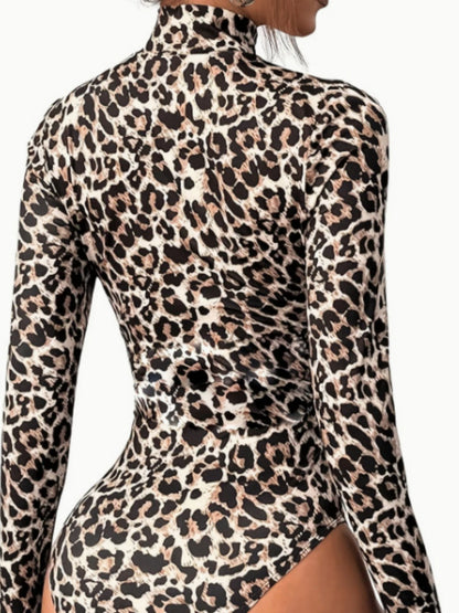 Leopard Print High-necked Long-sleeved Bodysuits