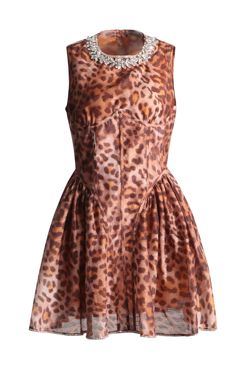 Print Corset Bodice Crystal Collar Crystal Trim Flared Mini Dress