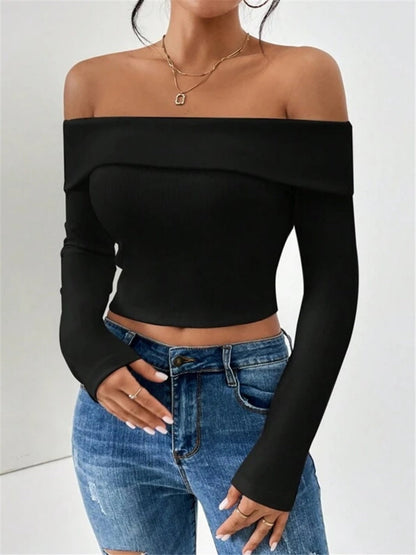 Off-shoulder Slim Fit Short Long-sleeved T-shirt