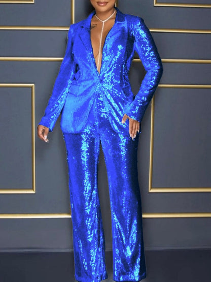 Long Sleeve V-neck Sequined Jumpsuit Two-piece Set