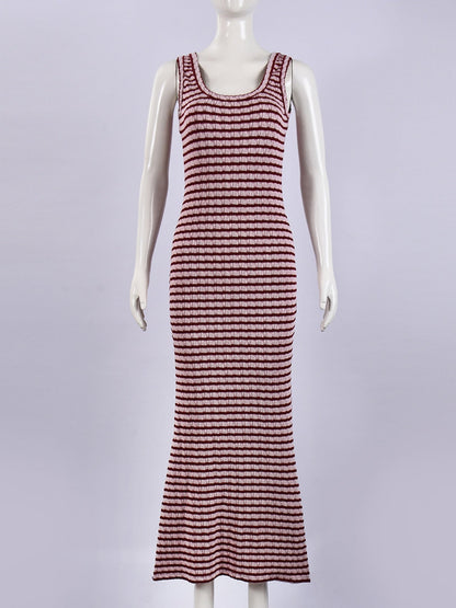 Striped Color Blocking Asymmetrical Neckline And Sleeveless Maxi Dresses