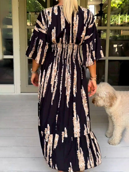 Deep V Neck Smocked Waist Puff Sleeve Abstract Brushstroke Print Tiered Maxi Dress