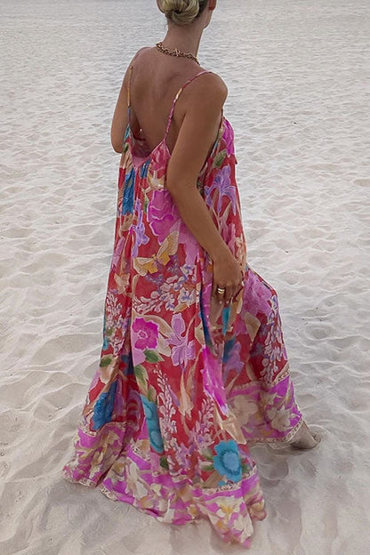 Margovil V Neck Spaghetti Strap Backless Floral Print Maxi Vacation Dress