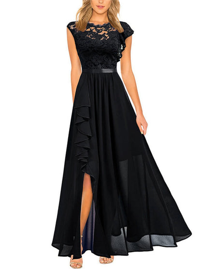 Lace Cutout Lace Patchwork Short-sleeved Long Dress
