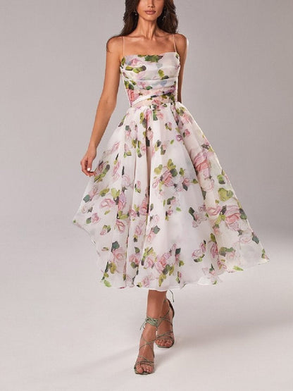 Zipper Floral Print Strapless Sleeveless Long Dress