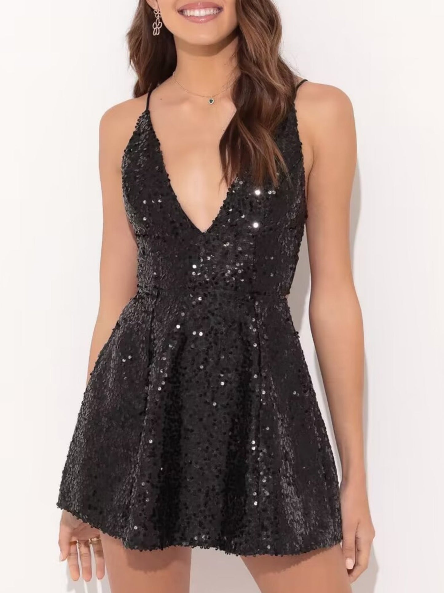 Sequins Bow Tie Deep V-neck Suspenders Backless Mini&Short Dresses