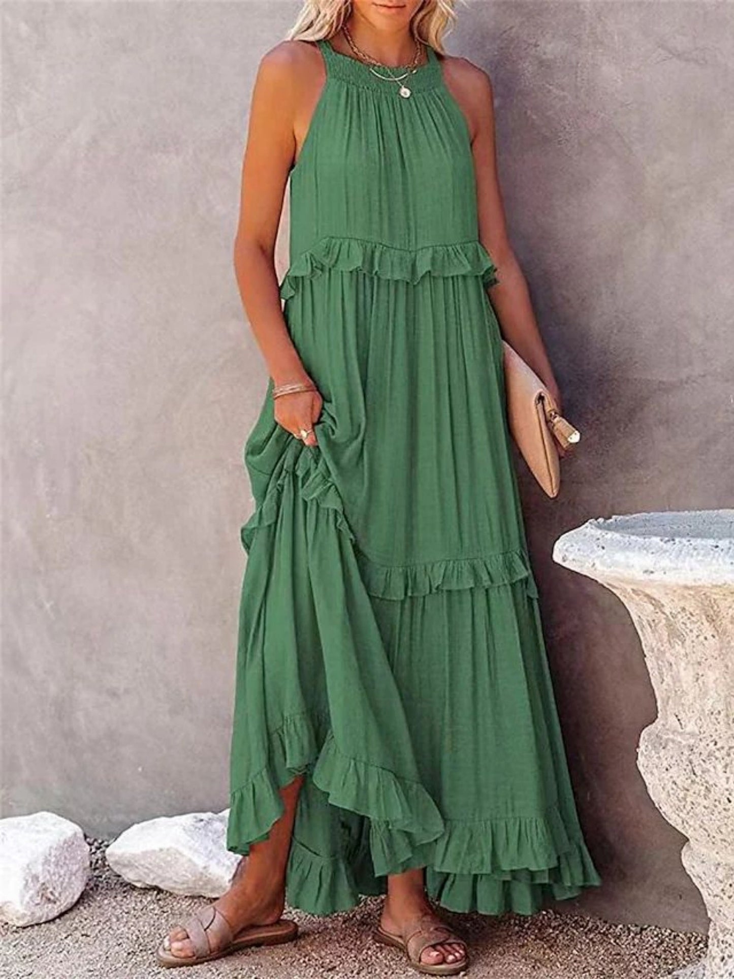 Ruffle Pleated Large Skirt Sleeveless Maxi Dresses