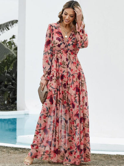 Floral Print V-neck Lantern Sleeves Maxi Dresses