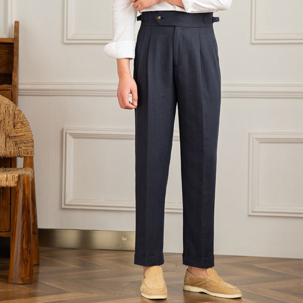 High Waist Pleated Trousers | Cotton Linen Blend | Straight Fit