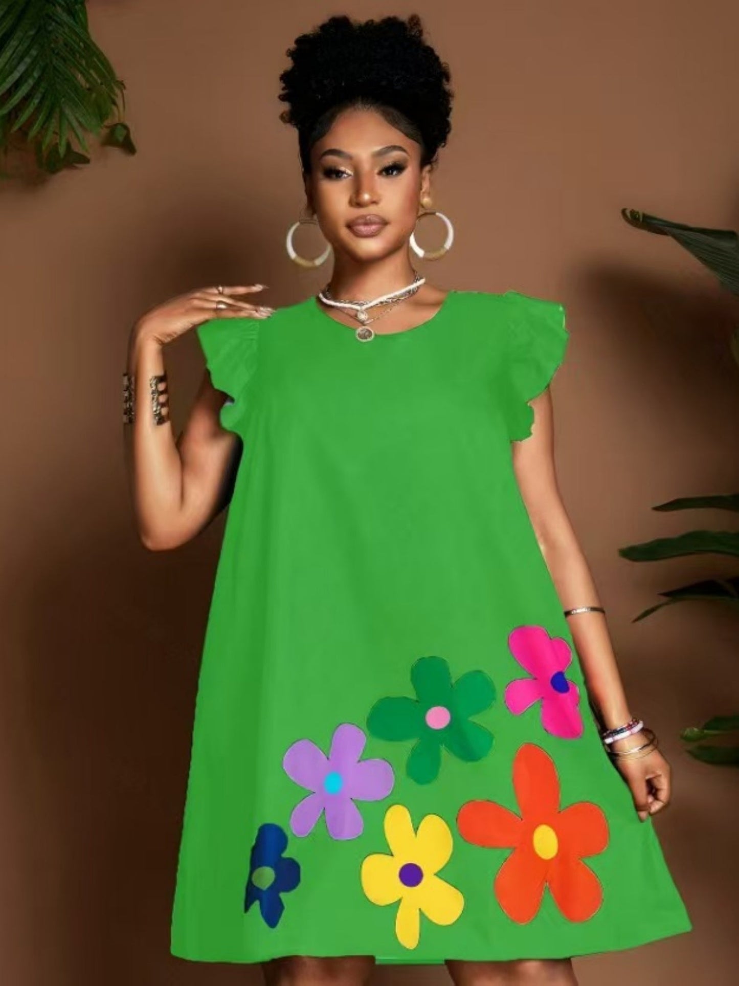 Floral Print Round Neck And Flutter Sleeves Mini&Short Dresses