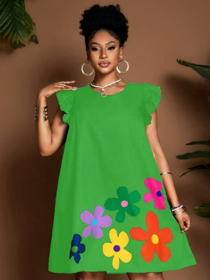 Floral Print Round Neck And Flutter Sleeves Mini&Short Dresses