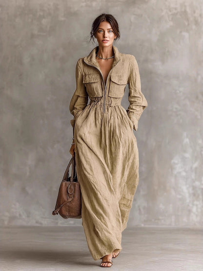 Zippered Lapel Elastic Waist Long Dress