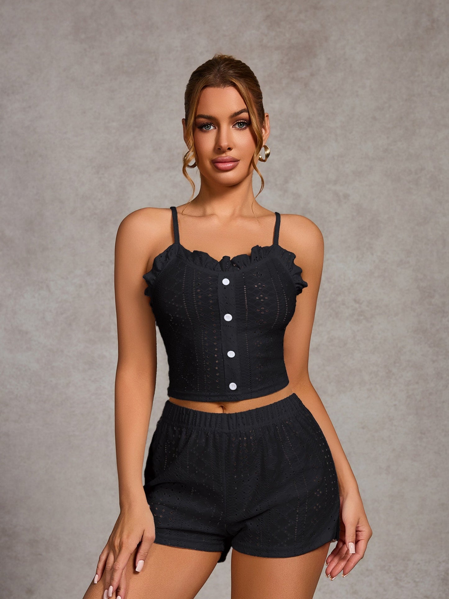 Openwork Ruffle Edge Tank Top And Shorts Loungewear 2-piece Sets