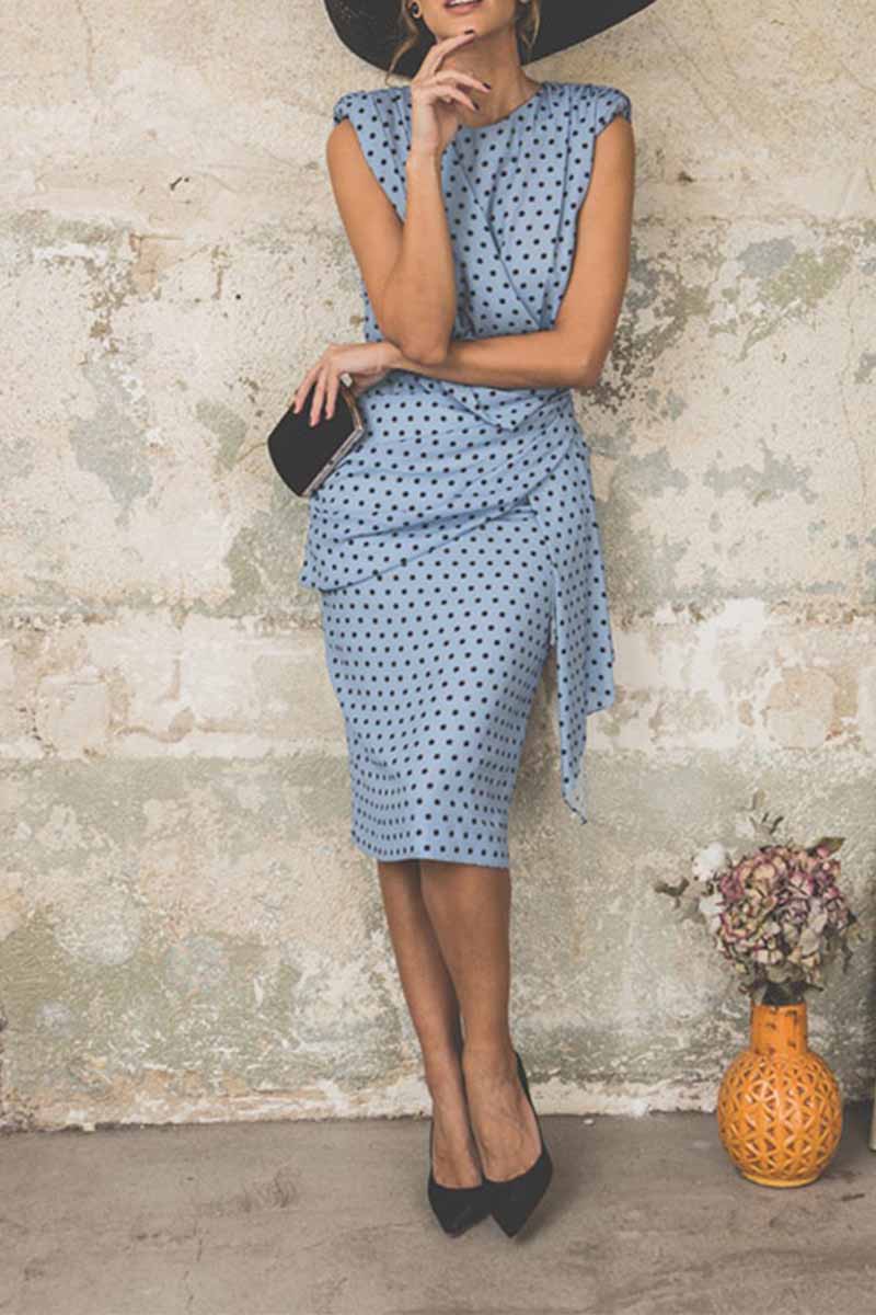 Polka Dot Draped Wrap-Front Structured Shoulder Pencil Midi Dress