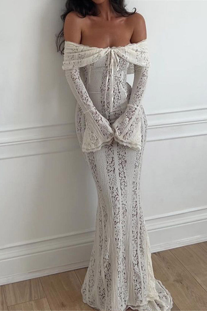 Off-the-Shoulder Lace Bell Sleeve Tie Front Bodycon Mermaid Maxi Dress