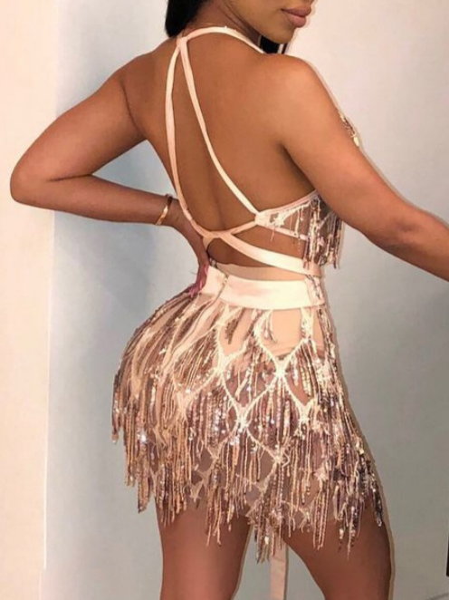 Sequined Two-piece Spliced Sexy Backless Nightclub Tie-up Dress
