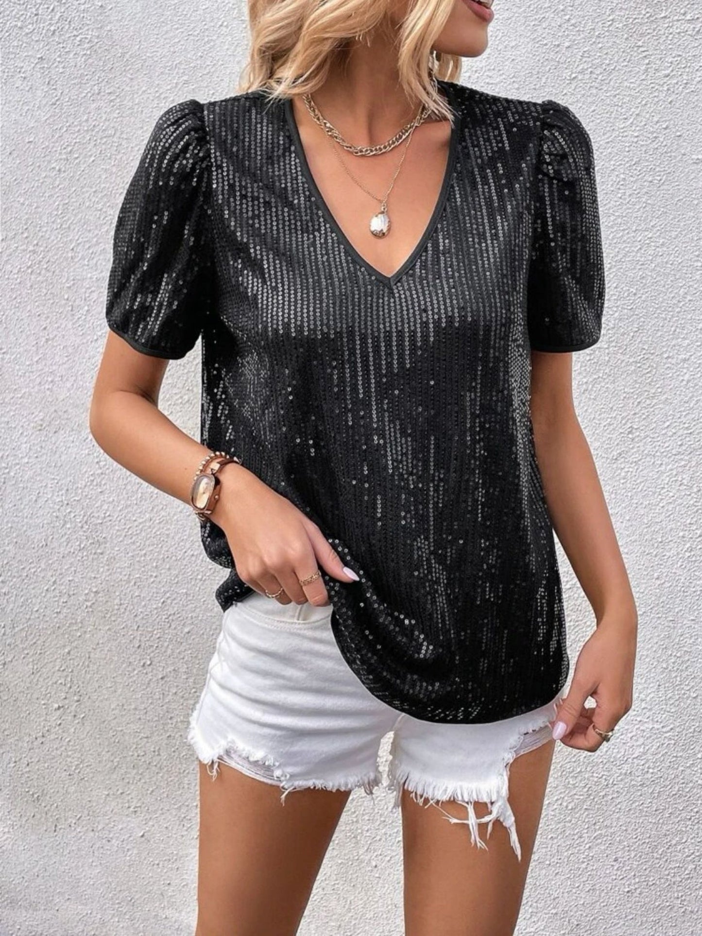 Sequins V-neck Short Sleeve T-shirt