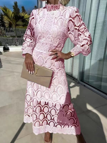 Hollow-out Long-sleeved Stand-up Collar Short Dress With Lace Trim