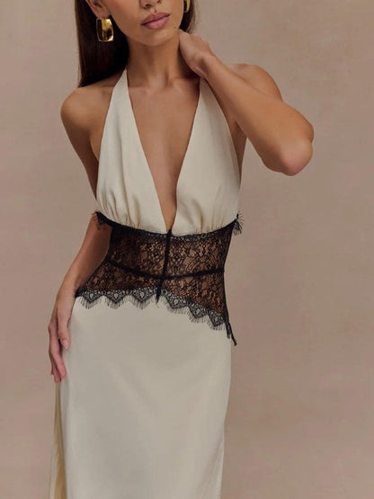 Deep V-neck Silk Satin Maxi Dress With Halter Neck And Cinched Waist