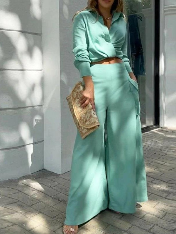 Solid Color Loose-fitting Wide-leg Pants Two-piece Set