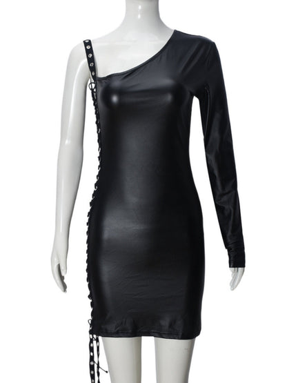 Imitation Leather Hollow Out Asymmetrical Collar Tie One-sided Long Sleeve Slim Fit Hip Body Mini&Short Dresses