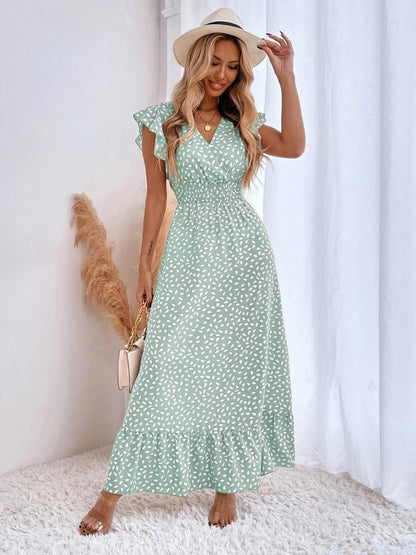 Floral Lotus Leaf Sleeves V-neck Vacation And Leisure Maxi Dresses