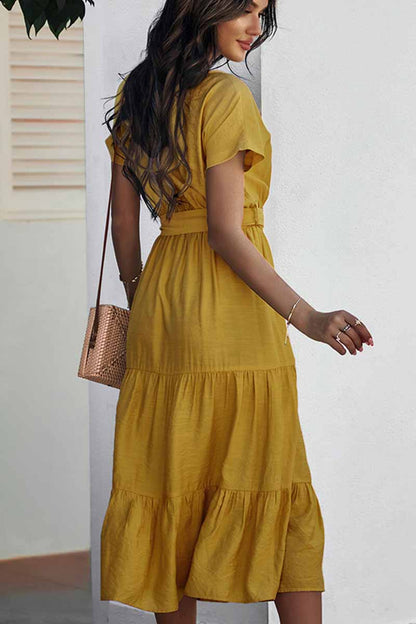 Button-Front Tie-Waist Tiered Short Sleeve Midi Shirt Dress