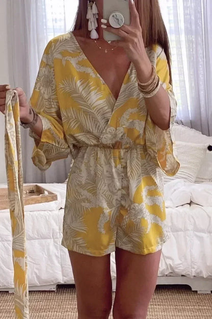 Margovil  Wrap V Neck Tie Knot Leaf Print Batwing Romper